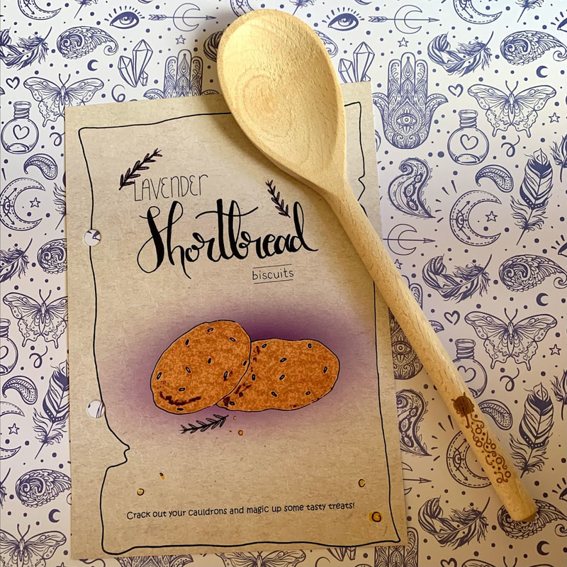 Lavender Shortbread Biscuit Recipe and Wooden Spoon with cauldron design